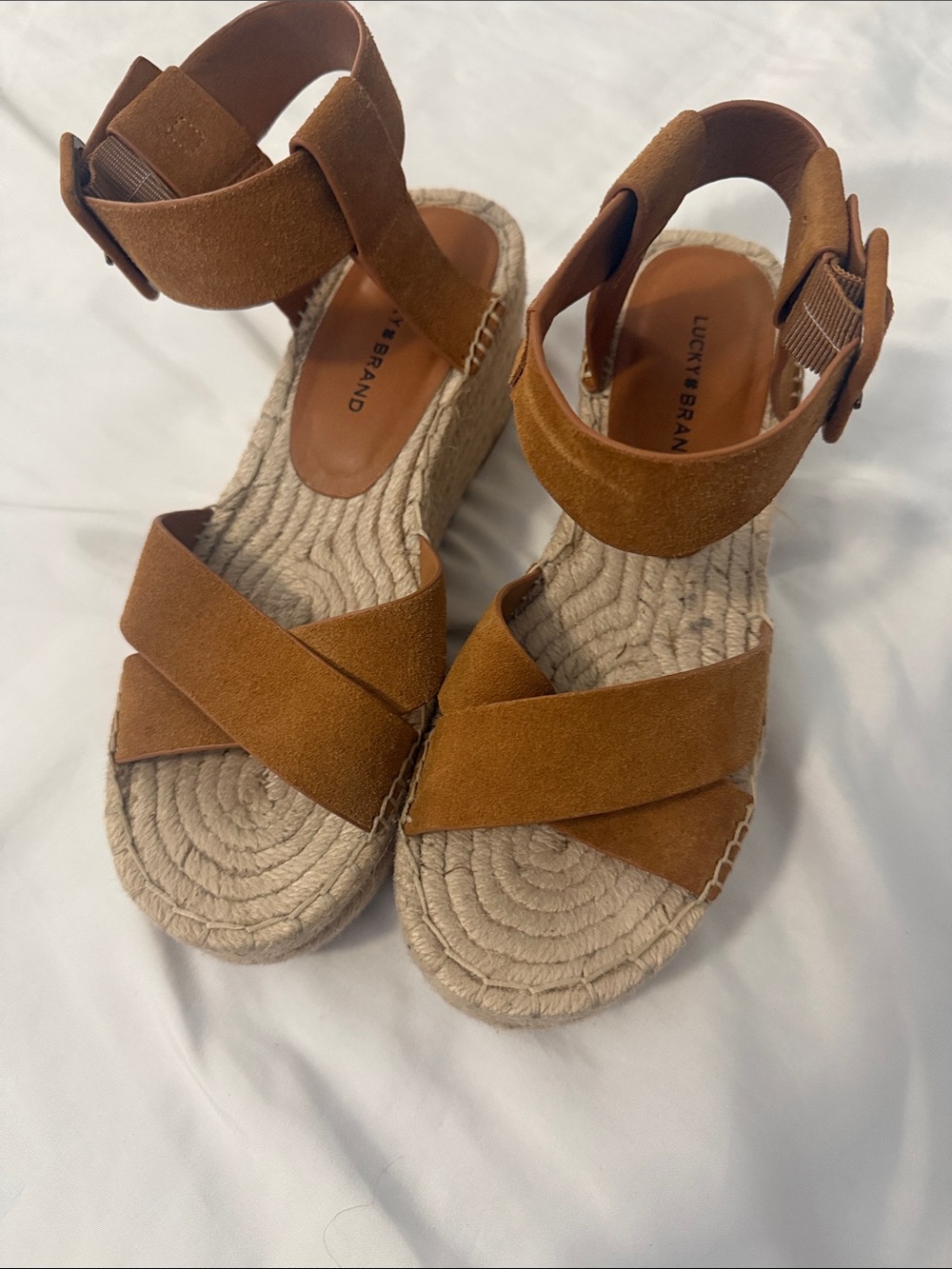 Lucky Brand Cognac Suede Espadrille Wedge Sandals